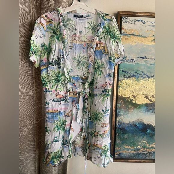 Zara Mini Dress Womens Sz S Multicolor Wrap Boho Vacation Tropical Short Sleeve - Picture 11 of 11